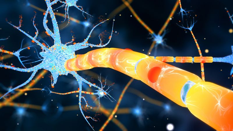 Neuronas and Synapse 3D render. neural network, neuroactivity, synapses, dendrid, neurotransmitters, myelin, Schwann cells, brain, axons.