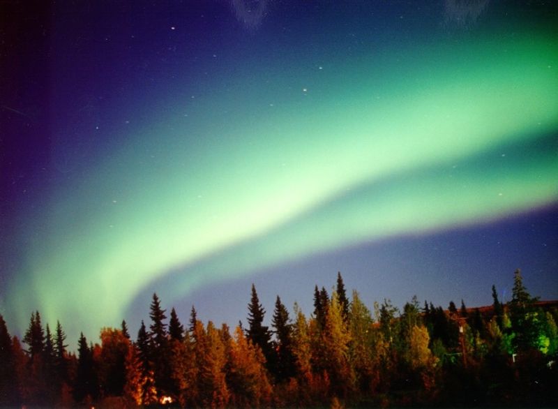A huge stripe of green aurora swoops across the sky but there is a dark patch that goes through the middle alomst splitting it in two. This is the black aurora, which is really a lack of auroral activity taking a chunk out of an aurora we can see. 
