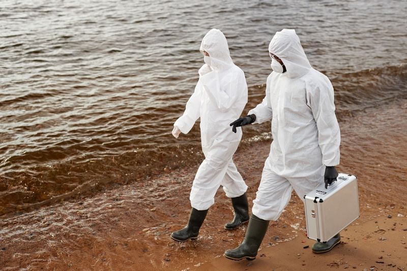 People with hazmat suit on a beach
