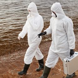 People with hazmat suit on a beach