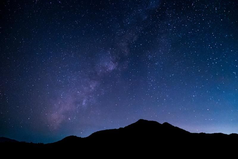 A photo showing the Milky Way in the night sky above a silhouette of mountain.