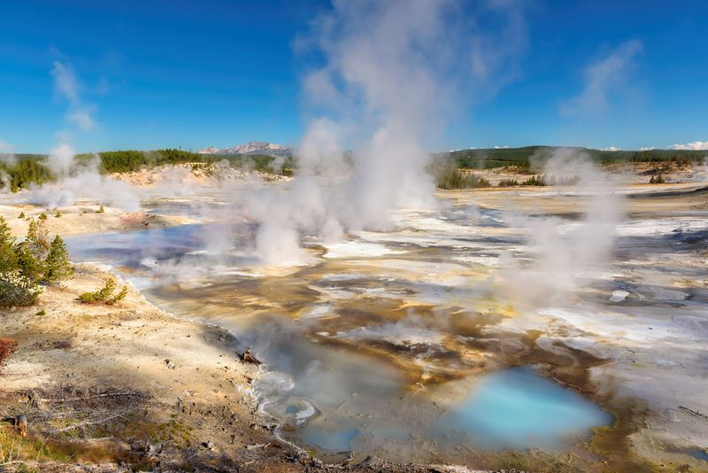 Geysers in Norris Basin, Yellowstone National Park, Wyoming, USA. The landscape is rocky with a number of pools that appear bright turquoise; there are clouds of steam rising, and in the distance green plants cover the terrain.