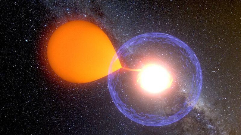 A white dwarf is seen going nova, by syphoning material from a nearby star, the x-ray is shown as a purple spherical shell around the white dwarf