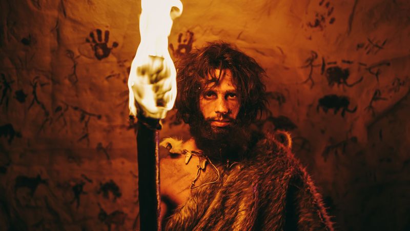 A prehistoric human carrying a torch