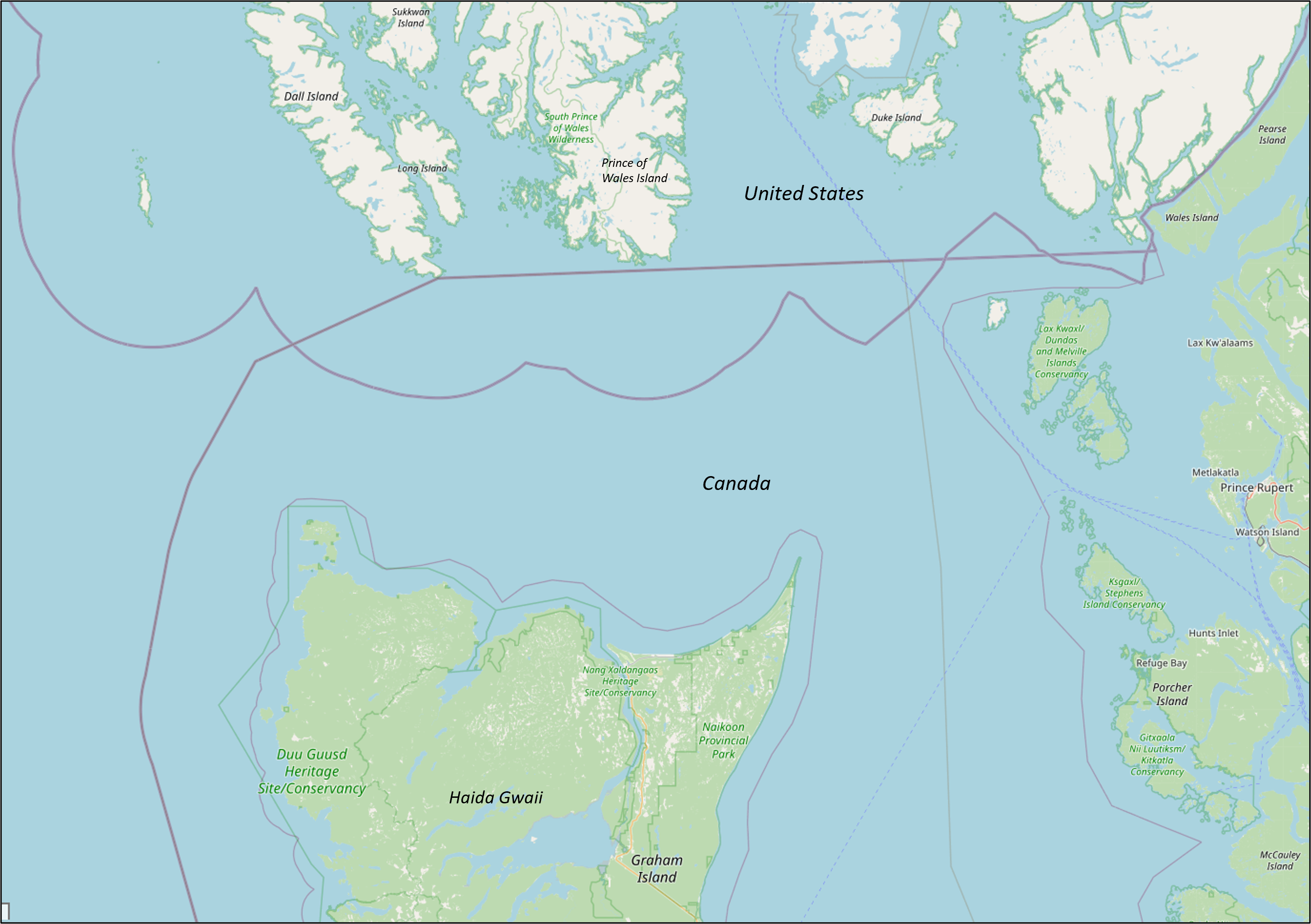 Dixon Entrance showing the borders recognized by Canada and the United States.