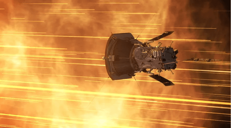 An illustration of the Parker Solar Probe whizzing through the Sun's corona, its weak outer atmosphere.